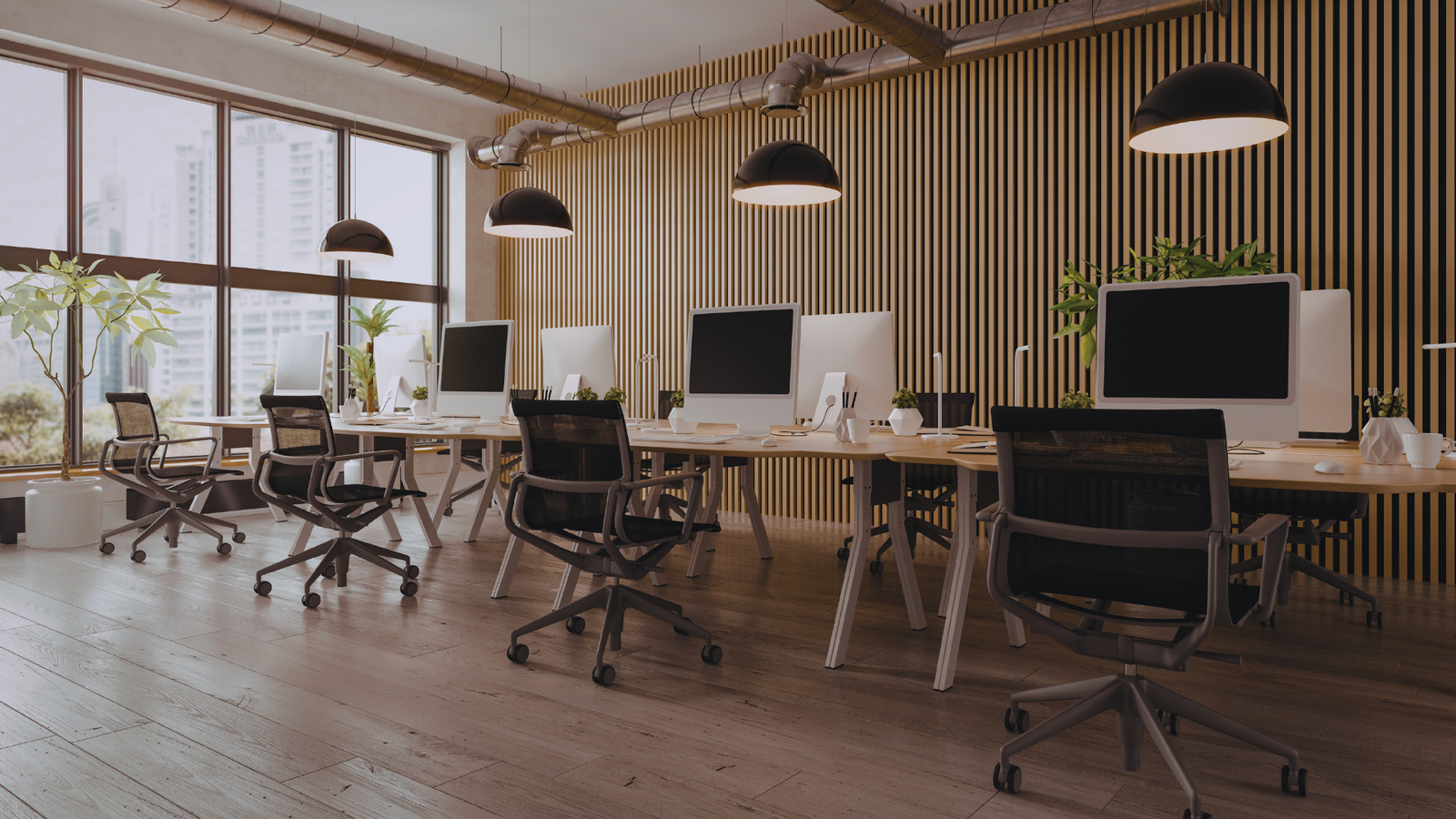 Modern modular office workstations with ergonomic desks.