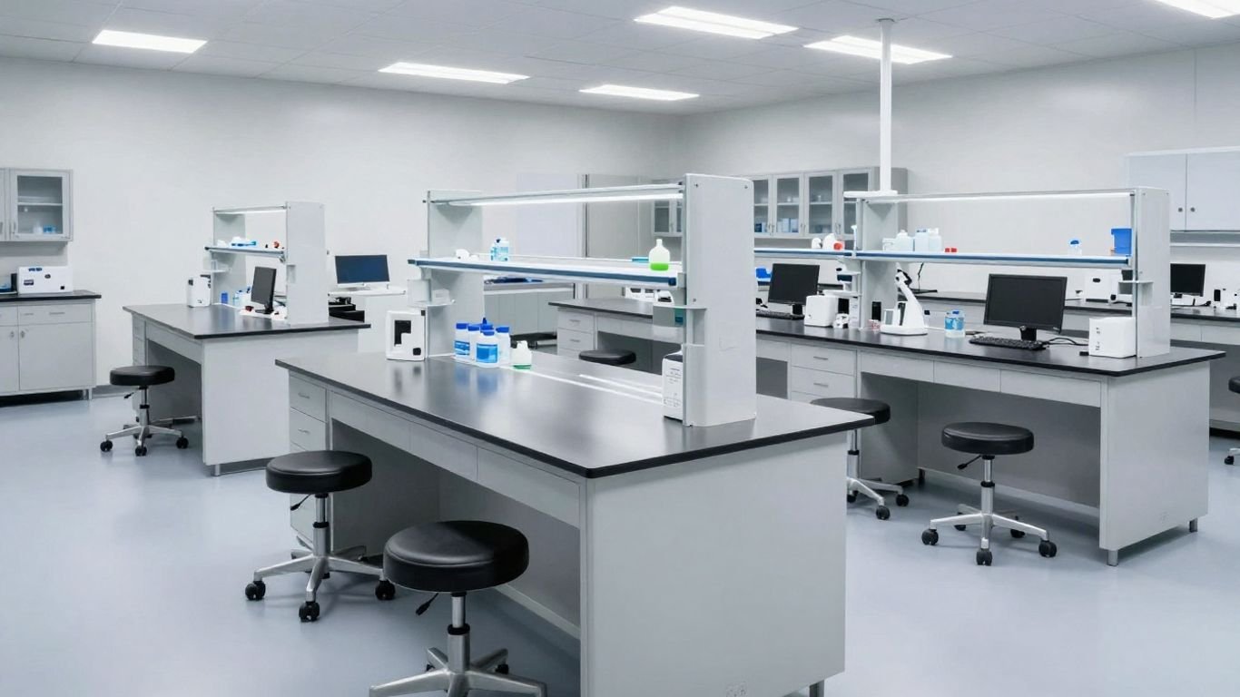 Modern laboratory furniture: benchtops, cabinets, and stools.