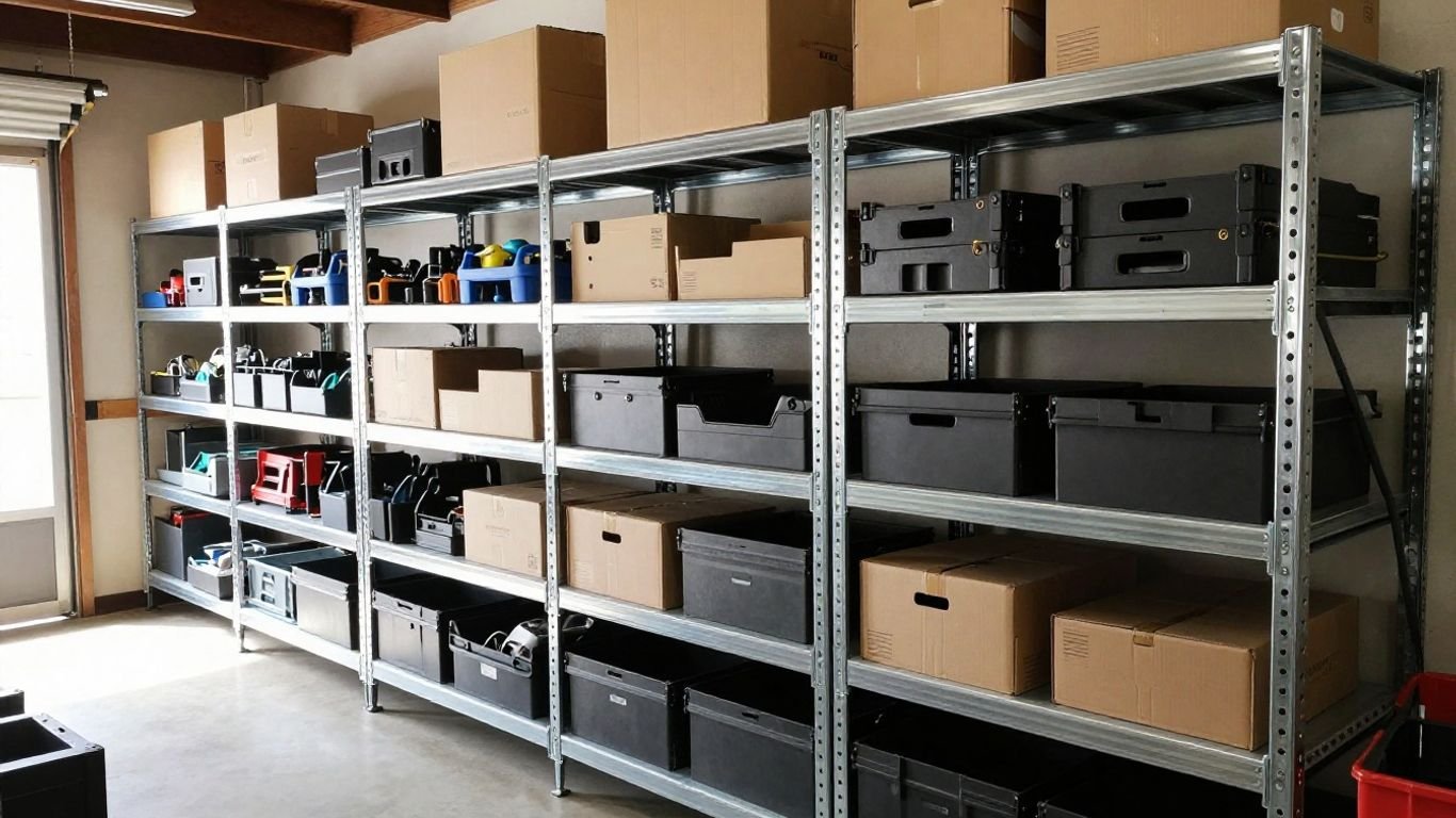 Heavy duty racks organizing a spacious garage.